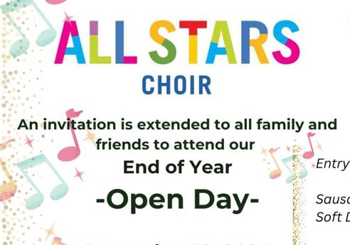 All Stars Choir Open Day gift card.